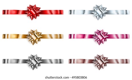 Set of beautiful big shiny bows with horizontal ribbons with shadows
