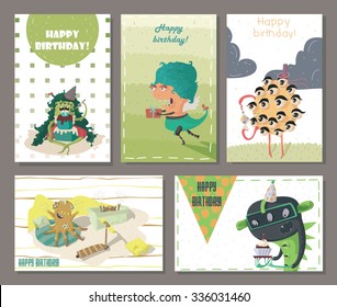 Set of beautiful birthday cards decorated with cartoon monsters, gifts, cakes and sweets. Fun and cute horizontal and vertical composition, scratched, kind, bright vector illustration.