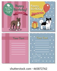 Set of beautiful birthday invitation cards decorated with colorful balloons, cakes and cartoon dogs. Vector illustrations. Card for Mothers Day. Card for Fathers Day. Dog sketch drawing