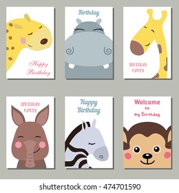 Set of beautiful birthday invitation cards decorated with wild animals on white background.