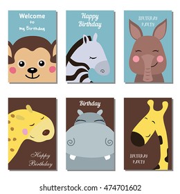 Set of beautiful birthday invitation cards decorated with wild animals.