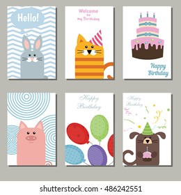 Set of beautiful birthday invitation cards decorated with animals on white background.