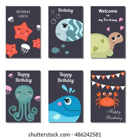 Set of beautiful birthday invitation cards decorated with sea creatures.