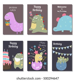 Set of beautiful birthday invitation cards decorated with cute cartoon dinosaurs.