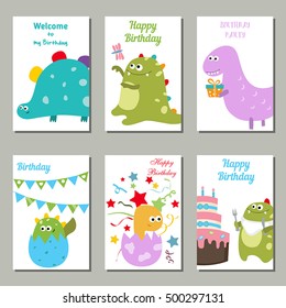 Set of beautiful birthday invitation cards decorated with cute cartoon dinosaurs.