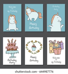 Set of beautiful birthday invitation cards decorated with unicorns and birthday icons. Hand drawn set with birthday cake, balloons, gift and festive attributes.