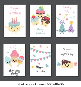 Set of beautiful birthday invitation cards decorated with birthday cakes and sweets. Set with birthday cake, flags, gift and festive attributes.