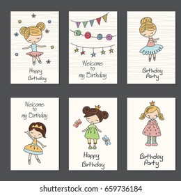 Set of beautiful birthday invitation cards decorated with cartoon girls.