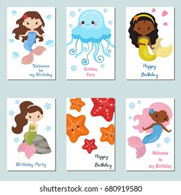Set of beautiful birthday invitation cards decorated with cute girl mermaids and sea animals.