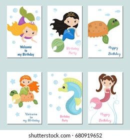 Set of beautiful birthday invitation cards decorated with cute girl mermaids and sea animals.