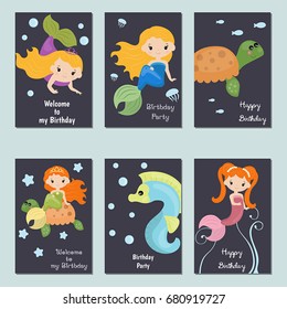 Set of beautiful birthday invitation cards decorated with cute girl mermaids and sea animals.
