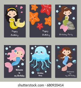 Set of beautiful birthday invitation cards decorated with cute girl mermaids and sea animals.