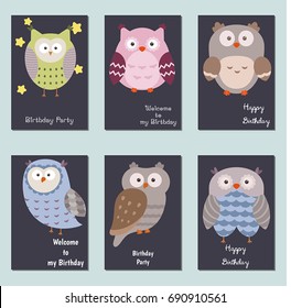 Set of beautiful birthday invitation cards decorated with cartoon owls.
