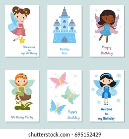 Set of beautiful birthday invitation cards decorated with beautiful fairies.