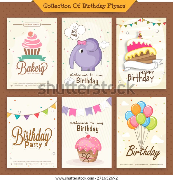 Set of beautiful\
birthday invitation cards decorated with colorful balloons, cakes\
and cartoon elephant. 