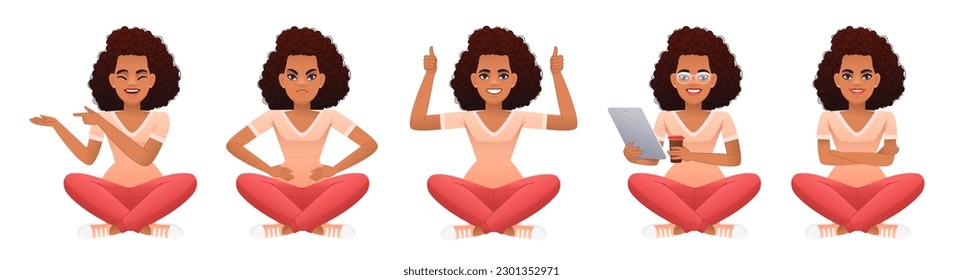 Set of a beautiful black happy girl sits cross-legged and points to something, displeased, shows a gesture of approval, with a tablet and a glass of coffee in her hands. Slender African woman sits