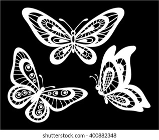 set of beautiful black and white guipure lace butterflies isolated.  Floral design for greeting card and invitation of wedding, birthday, Valentine's Day, mother's day and seasonal holiday