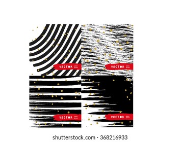 Set of beautiful black and white patterns with gold confetti. Collection of an abstract brush strokes black and white backgrounds with gold details. Classic vector texture 