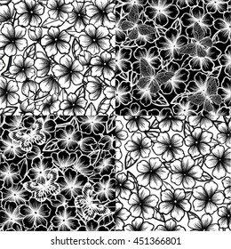 set of Beautiful black-and-white seamless background with flowers and leaves. Hand-drawn contour lines and strokes. Perfect for background greeting cards and invitations of the wedding, birthday