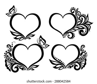 Set of beautiful black-and-white symbol of a heart with floral design and butterfly.  for greeting cards and invitations of wedding, birthday, Valentine's Day, mother's day and other seasonal holiday