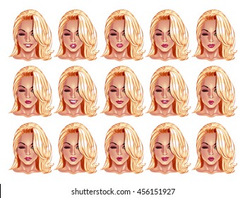 Set of beautiful blonde haired woman portraits with different lips and face expressions from smiling to serious. Use for avatars, logos, game characters, icons, signs, web decor or other design.