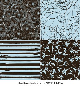 Set of beautiful blue and brown designs - vector seamless patterns - flowers, stripes and waves
