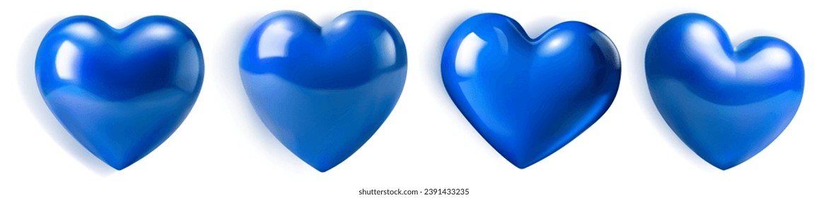 Conjunto de hermosos corazones azules con bombillas y sombras sobre fondo blanco