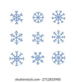 Set of beautiful blue snowflake icons. Winter holiday symbol of cold, snow, and ice crystals. Christmas season vector collection for decoration and print.
