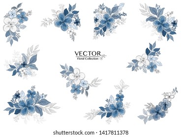 Set of beautiful blue watercolor florals branch