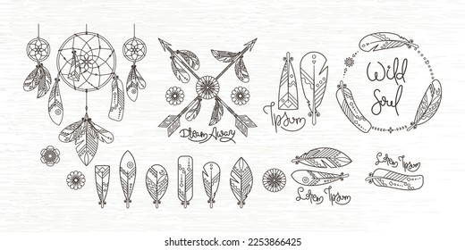 Set of beautiful boho elements. Arrow, dreamcatcher, feathers and flowers vector collection for design