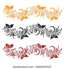 A set of beautiful of border or ornaments in the Old Russian style. Traditional Slavic, folk motif. Vector twigs, berries, flowers and leaves. For cards, fabric, textiles, clothing, packaging.