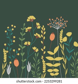Set of beautiful botanic medow flower vector illustration with blooming floral on green background
