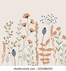 Set of beautiful botanic medow flower vector illustration with blooming floral on beige background
