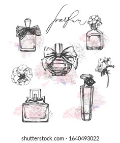 A set of beautiful bottles of perfume. Women's perfume. Vector watercolor. Elements for design.