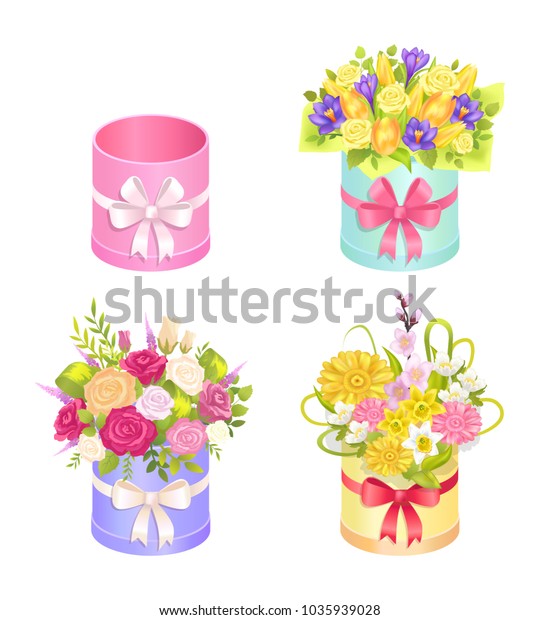 Set Beautiful Bouquets Decorative Elements Oval Stock Vector