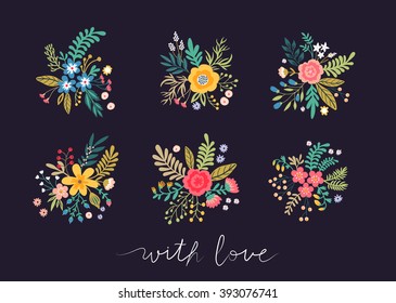 Set of beautiful bouquets of flowers. Bright multicolored flowers, leaves, twigs and berries on a black background. Set of flowers.   lettering With love.