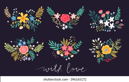 Set of beautiful bouquets of flowers. Bright multicolored flowers, leaves, twigs and berries on a black background. Set of flowers. lettering With love. Romantic vector elements for card.
