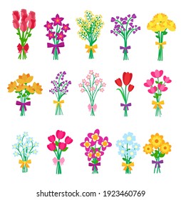 A set of beautiful bouquets of flowers. Roses and mimosa, chrysanthemums and forget-me-nots bunches. Vector illustration