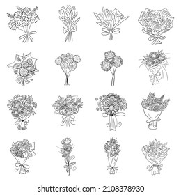 Set of beautiful bouquets with garden and wild flowers. Collection of flowering plants with stems, leaves isolated on white. Chamomile, rose, tulip, peony. Sketch style monochrome vector illustration.