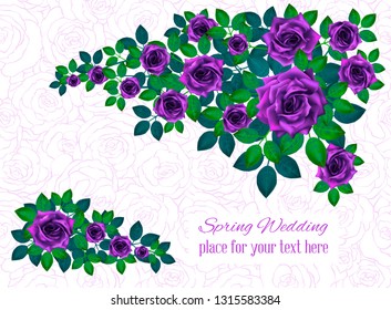 Set of beautiful bouquets with purple roses and leaves. Floral arrangement for decoration, perfect for wedding invitation, birthday, Valentines Day, mother s day.