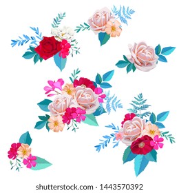 Set of beautiful bouquets with roses and brier flowers in watercolor style