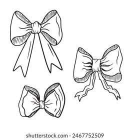 Set of beautiful bow in different shapes in black isolated on white background. Decoration for gifts and presents. Hand drawn vector sketch illustration in doodle vintage engraved style