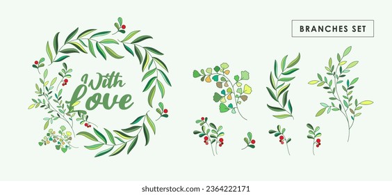 Set of beautiful branches with foliage and berries in vector. Flat and outline style.