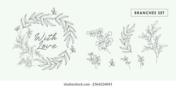 Set of beautiful branches with foliage and berries in vector. Collection of beautiful branches with foliage and berries in outline style.