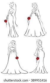 Set of beautiful brides with red flowers