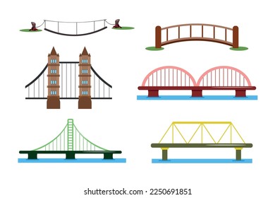 Set of beautiful bridges in cartoon style. Vector illustration of old and new bridges of different types for the passage of people and the passage of cars on white background.