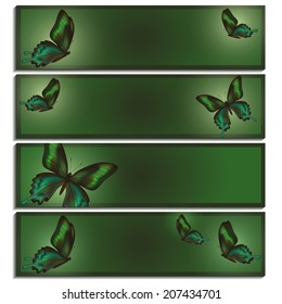 Set of beautiful bright green banner with Chinese gloss swallowtail butterflies in a top view and a side view, isolated on white background. Stylish trendy wallpaper. Vector illustration