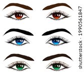 Set of beautiful brown, blue and green female eyes with thick black eyelashes. Vector illustration of eyes with cosmetics on a white background.
