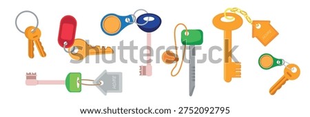  Set of beautiful bunches of house keys in cartoon style. Vector illustration of  different golden, silver apartment keys, intercom key fob, house shaped key rings isolated on white background.
