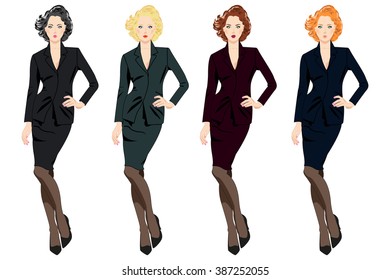 Set of beautiful business women in suits isolated on white background. Collection can be used by companies for logotypes, business identity, print products, page and web decor or other design.